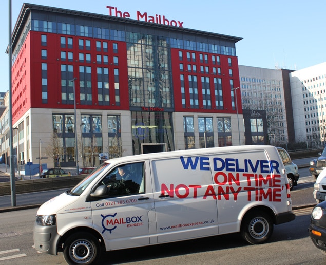Mailbox express branded van outside Mailbox offices